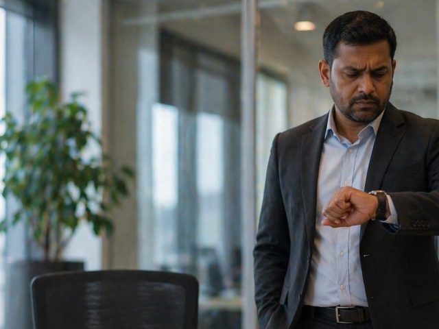 Manager checking his watch in an empty office, illustrating an absent employee and job abandonment concerns.