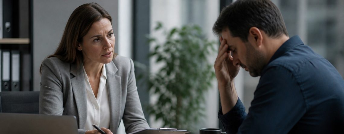Manager speaking with a frustrated employee across a desk, illustrating a difficult conversation about workplace behaviour.