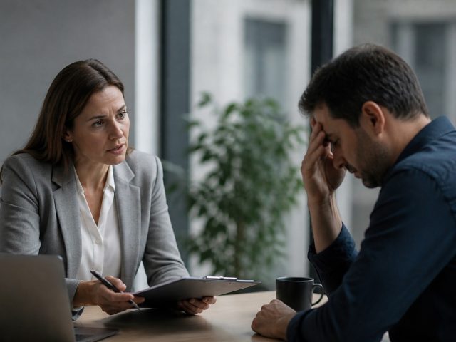 Manager speaking with a frustrated employee across a desk, illustrating a difficult conversation about workplace behaviour.