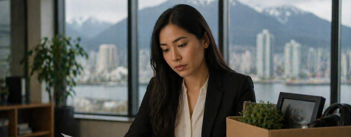Woman reviewing a severance letter in a Vancouver office with the North Shore mountains visible through the window.