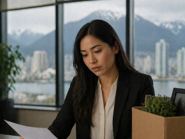 Woman reviewing a severance letter in a Vancouver office with the North Shore mountains visible through the window.