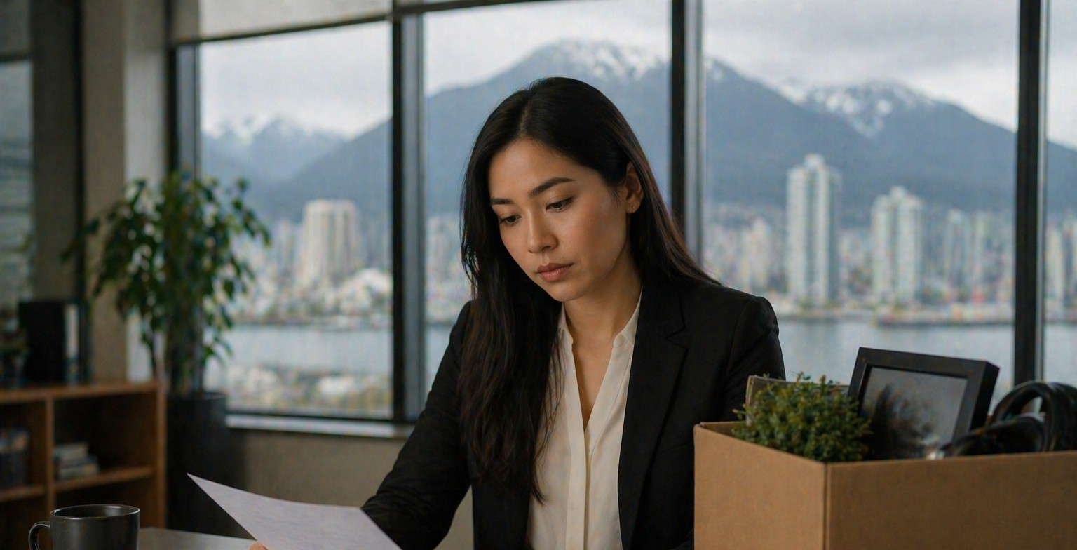 Woman reviewing a severance letter in a Vancouver office with the North Shore mountains visible through the window.