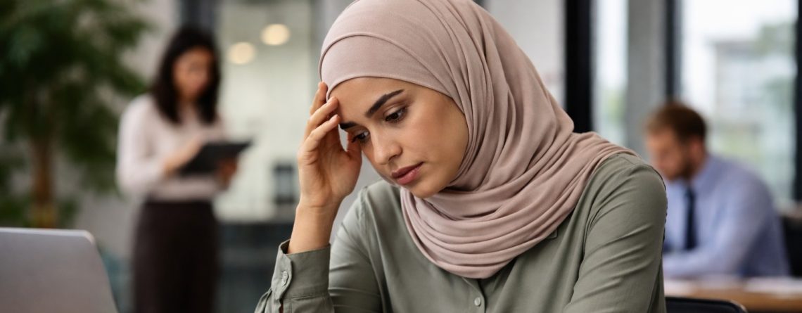 Woman in a hijab at her office desk looking concerned, illustrating workplace discrimination and HRTO complaints.
