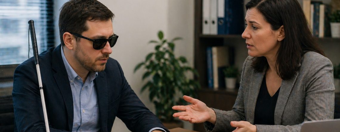 Lawyer meeting with a visually impaired client holding a white cane, discussing workplace accommodation rights.