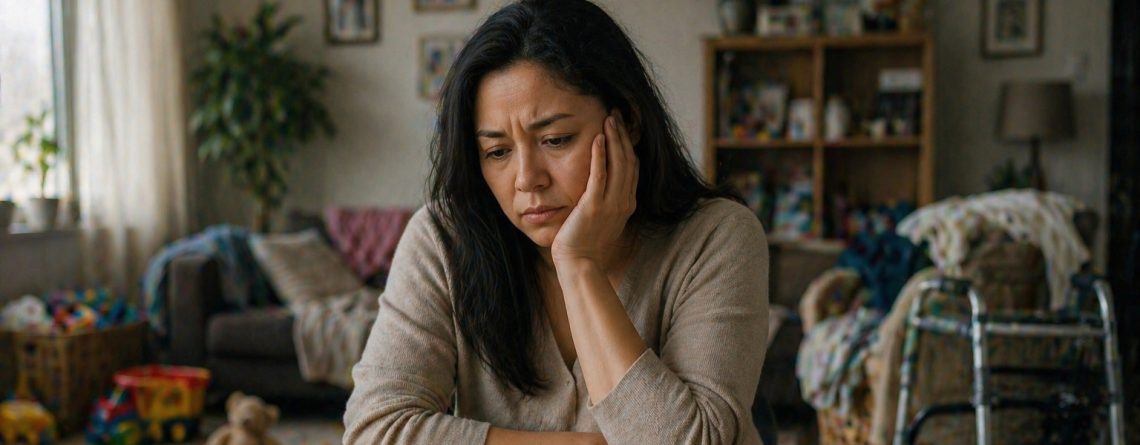 Worried mother at a table with a child's toys and a walker visible in the background, illustrating family status discrimination concerns.