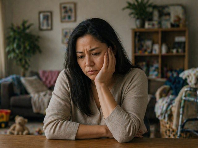 Worried mother at a table with a child's toys and a walker visible in the background, illustrating family status discrimination concerns.