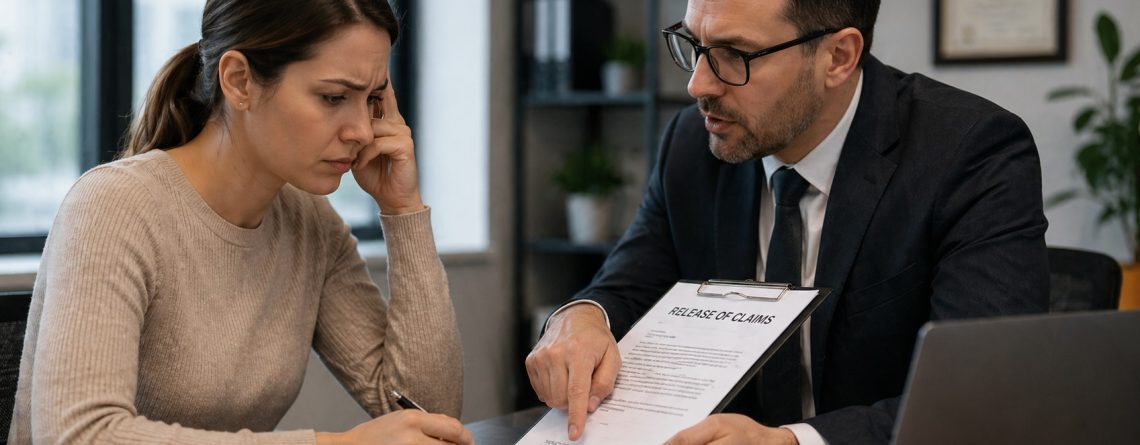 Lawyer pointing to a Release of Claims document while reviewing it with a concerned client at his desk.