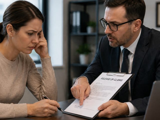 Lawyer pointing to a Release of Claims document while reviewing it with a concerned client at his desk.