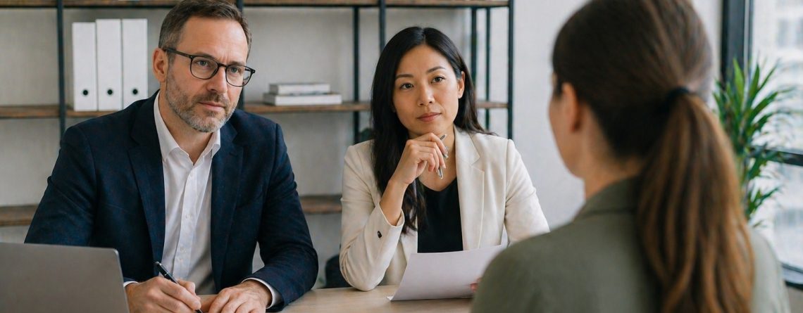 Two Ontario employers interviewing a job candidate across a desk, illustrating prohibited interview questions.