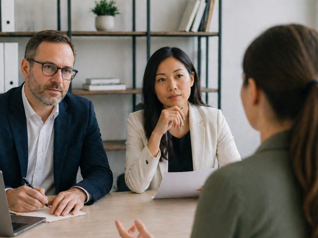 Two Ontario employers interviewing a job candidate across a desk, illustrating prohibited interview questions.