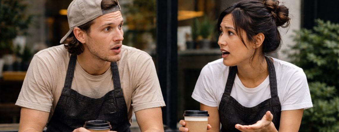 Two restaurant workers in aprons on a break, having a candid conversation over coffee.