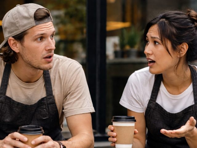 Two restaurant workers in aprons on a break, having a candid conversation over coffee.