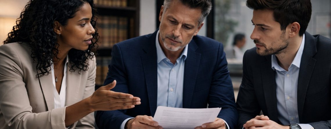 Three lawyers in a serious discussion over case documents in a law library, illustrating federal grievance process litigation.