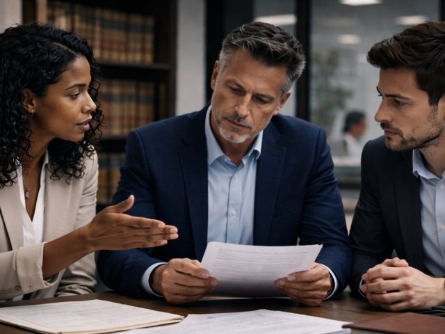 Three lawyers in a serious discussion over case documents in a law library, illustrating federal grievance process litigation.