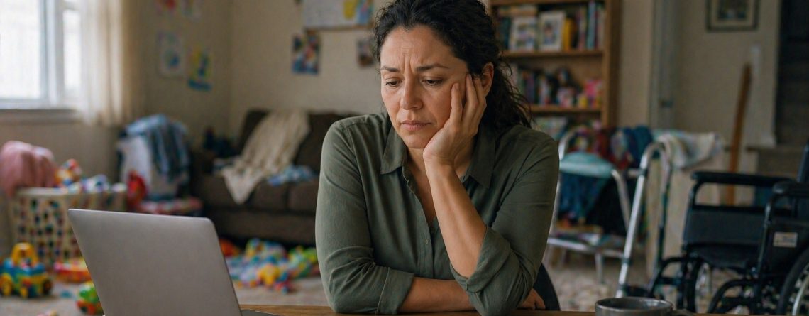 Mother at her kitchen table with a laptop, looking worried, with children's toys and a wheelchair visible in the background.
