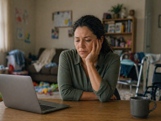 Mother at her kitchen table with a laptop, looking worried, with children's toys and a wheelchair visible in the background.