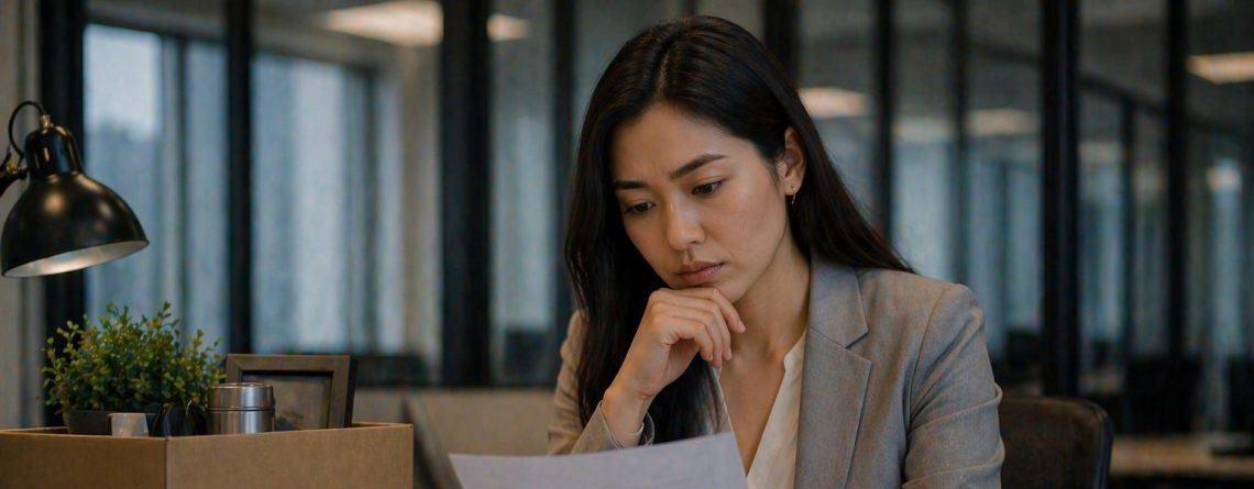 Woman in an Ontario office reading a severance letter beside a box of her packed belongings.