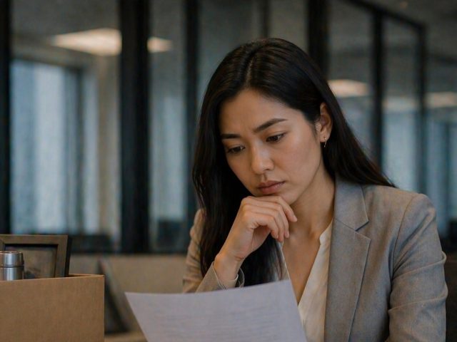 Woman in an Ontario office reading a severance letter beside a box of her packed belongings.