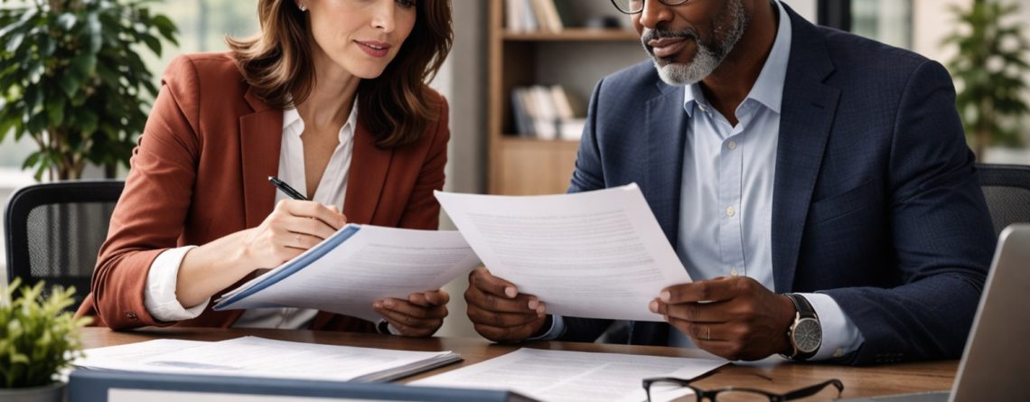 Two professionals reviewing employment agreement paperwork at a desk with a labelled binder in the foreground.