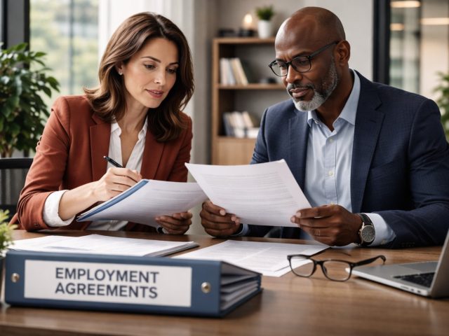 Two professionals reviewing employment agreement paperwork at a desk with a labelled binder in the foreground.