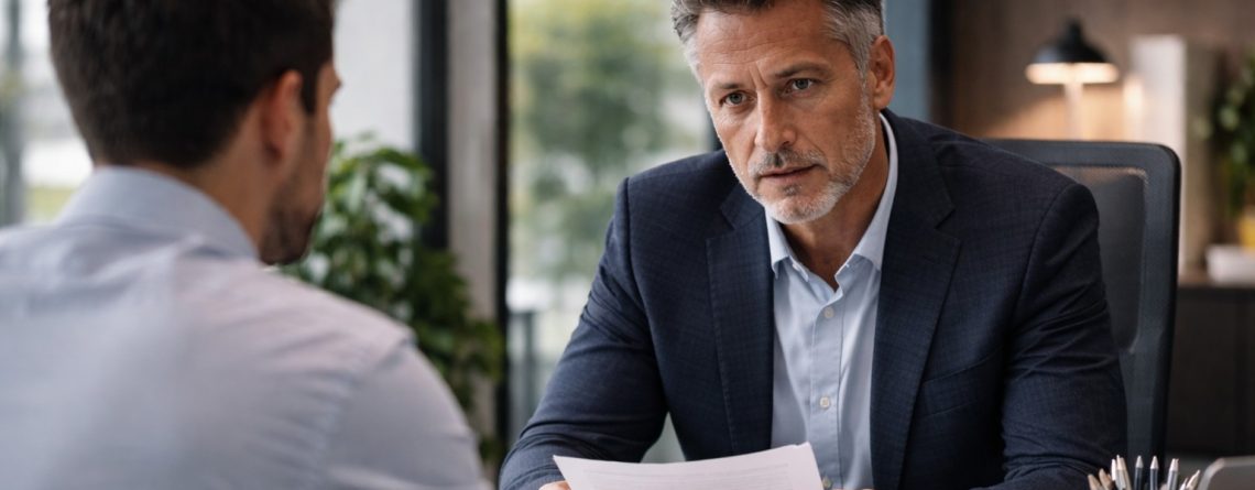 Manager holding a document and conducting a serious performance review conversation with an employee.