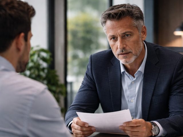 Manager holding a document and conducting a serious performance review conversation with an employee.