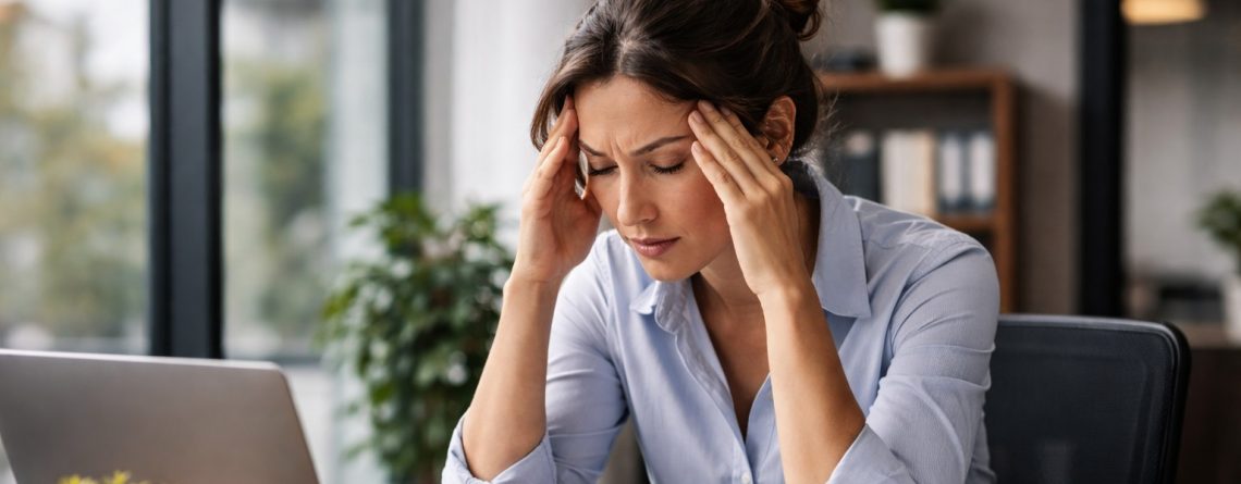 Woman at her office desk holding her head in her hands, illustrating workplace stress and stress leave in Ontario.