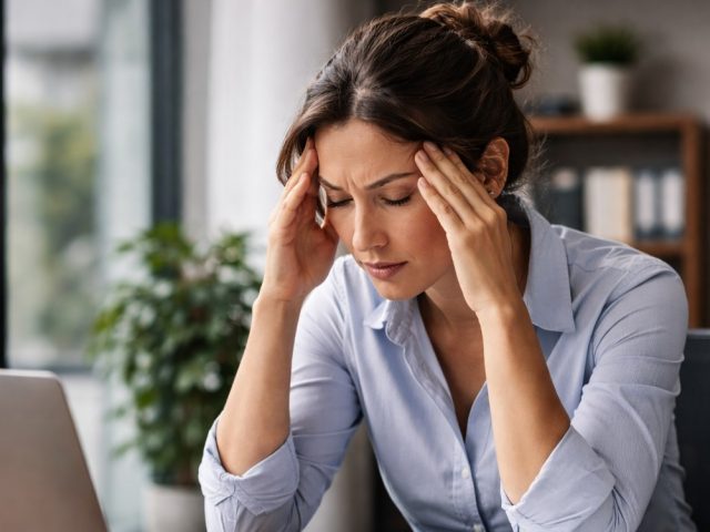 Woman at her office desk holding her head in her hands, illustrating workplace stress and stress leave in Ontario.