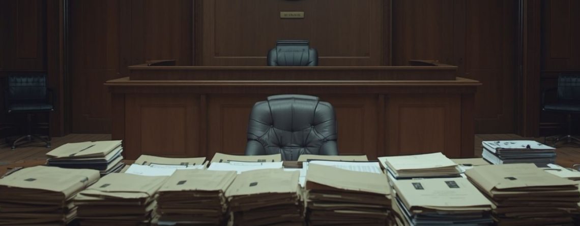 Empty courtroom with stacks of legal files piled on a desk in front of the judge's bench, illustrating discovery obligations in employment litigation.