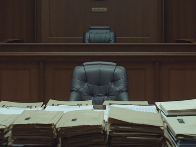 Empty courtroom with stacks of legal files piled on a desk in front of the judge's bench, illustrating discovery obligations in employment litigation.