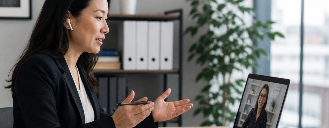 Lawyer on a video call with a client from her office, illustrating the remote-access benefits of fractional general counsel.