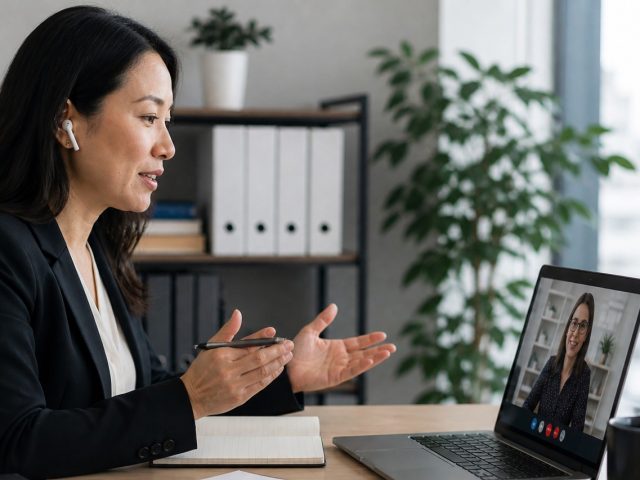 Lawyer on a video call with a client from her office, illustrating the remote-access benefits of fractional general counsel.