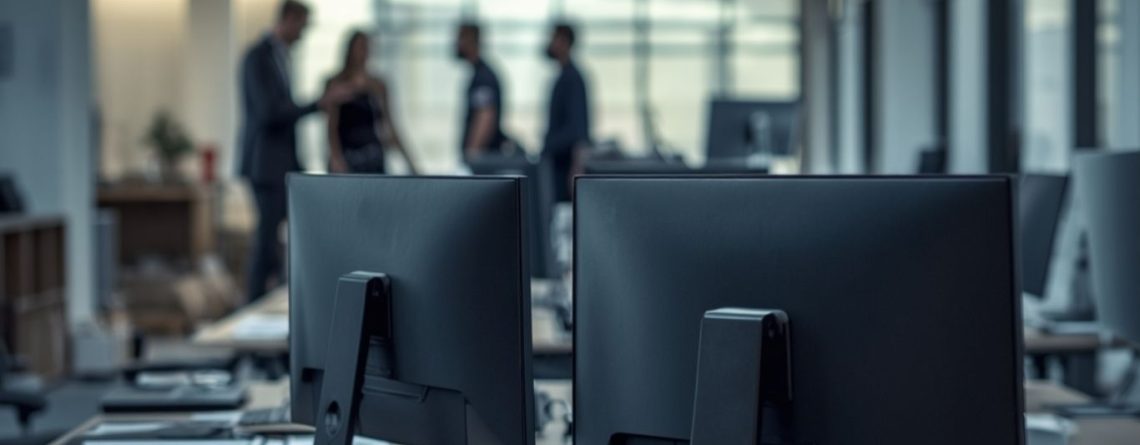 Modern office with computer monitors in the foreground and a group of professionals meeting in the background, illustrating fractional general counsel services.