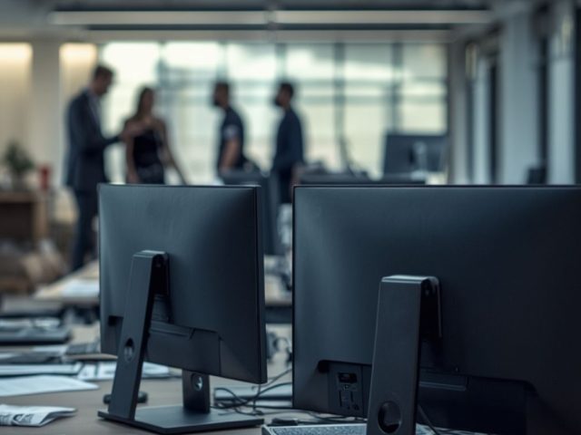 Modern office with computer monitors in the foreground and a group of professionals meeting in the background, illustrating fractional general counsel services.