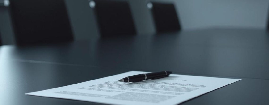 Legal document and pen on a boardroom table, illustrating contract review and employer legal mistakes.