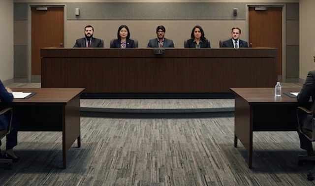 Illustration of an HRTO hearing with applicant and respondent seated at separate tables facing a panel of five adjudicators.