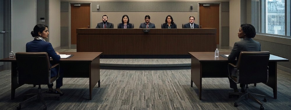 Illustration of an HRTO hearing with applicant and respondent seated at separate tables facing a panel of five adjudicators.