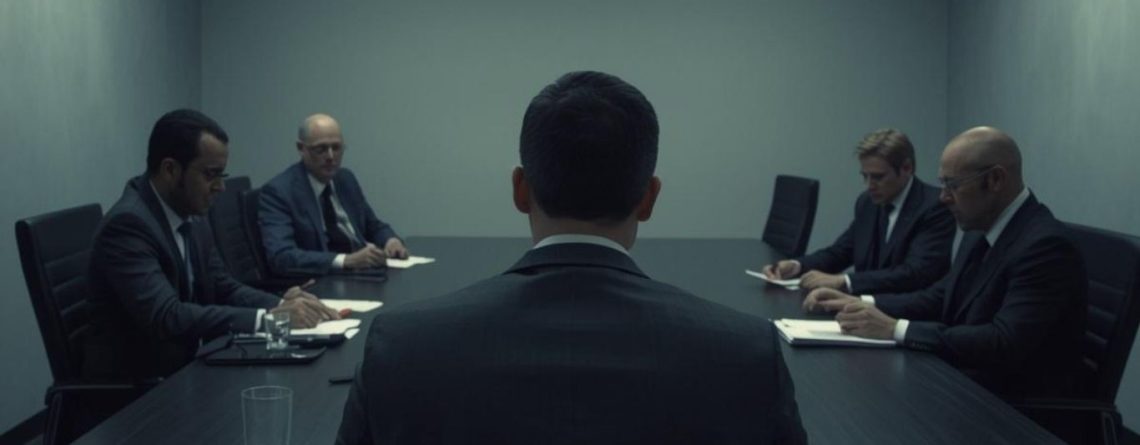 Employee facing a panel of four interviewers across a boardroom table, illustrating an Ontario workplace investigation interview.