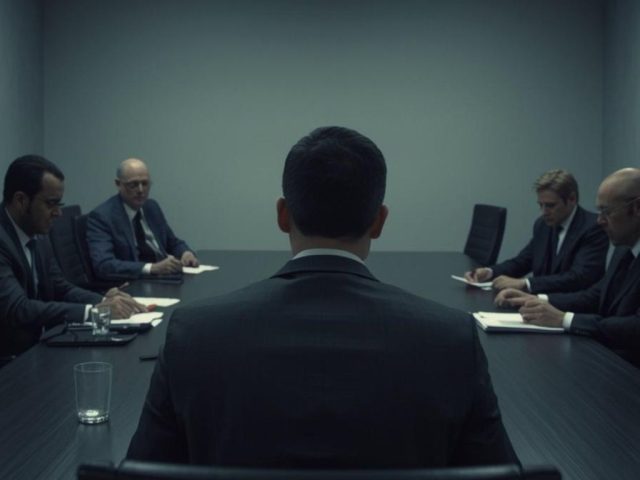Employee facing a panel of four interviewers across a boardroom table, illustrating an Ontario workplace investigation interview.